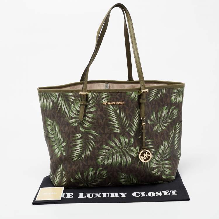 Pre Owned MICHAEL Michael Kors Green Palm Leaves Printed Coated Canvas and Leather Travel Jet Set Tote