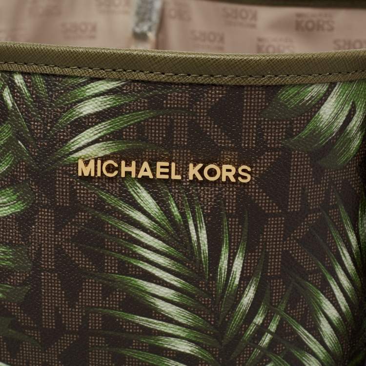 Pre Owned MICHAEL Michael Kors Green Palm Leaves Printed Coated Canvas and Leather Travel Jet Set Tote