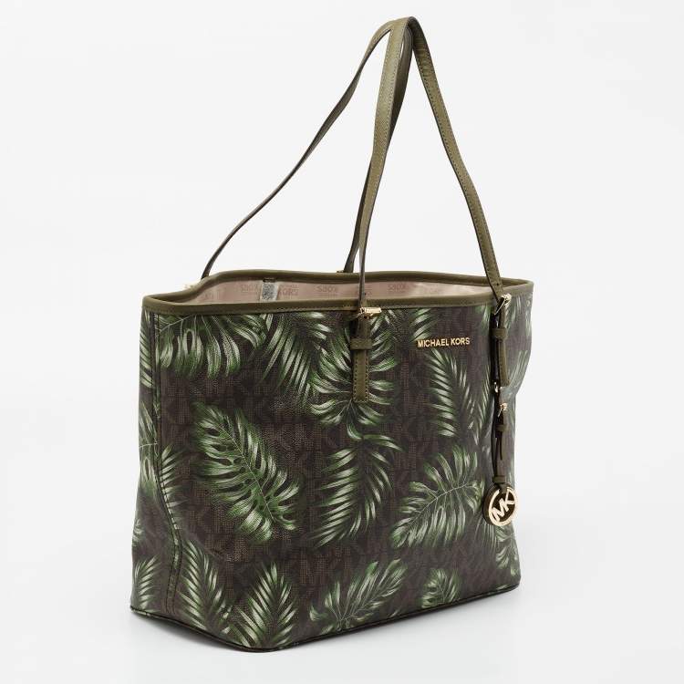 Pre Owned MICHAEL Michael Kors Green Palm Leaves Printed Coated Canvas and Leather Travel Jet Set Tote