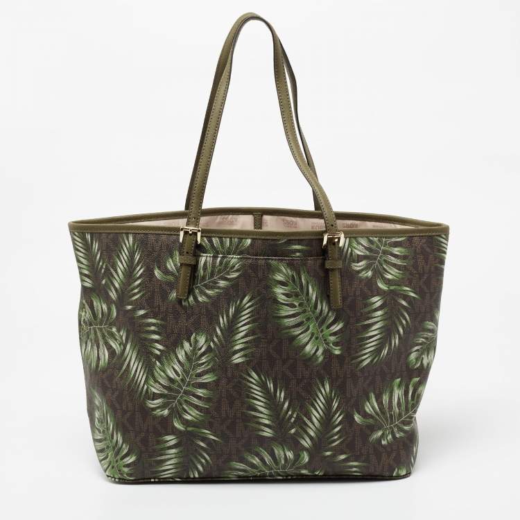 Pre Owned MICHAEL Michael Kors Green Palm Leaves Printed Coated Canvas and Leather Travel Jet Set Tote