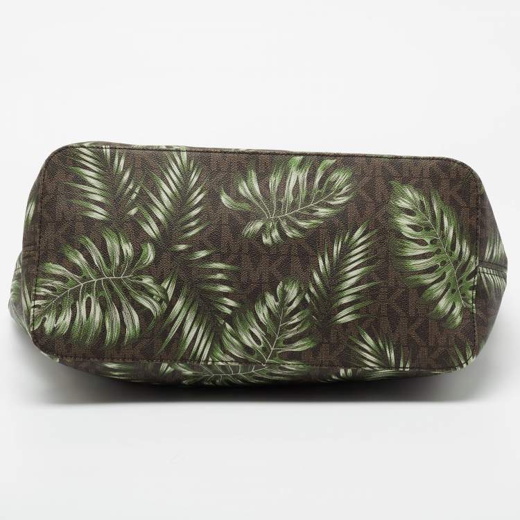 Pre Owned MICHAEL Michael Kors Green Palm Leaves Printed Coated Canvas and Leather Travel Jet Set Tote