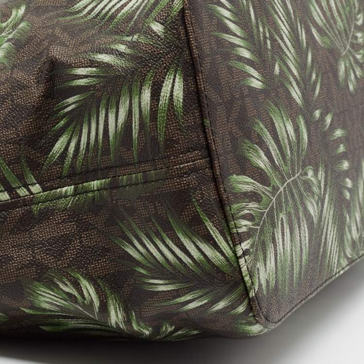 Pre Owned MICHAEL Michael Kors Green Palm Leaves Printed Coated Canvas and Leather Travel Jet Set Tote