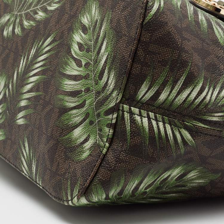 Pre Owned MICHAEL Michael Kors Green Palm Leaves Printed Coated Canvas and Leather Travel Jet Set Tote