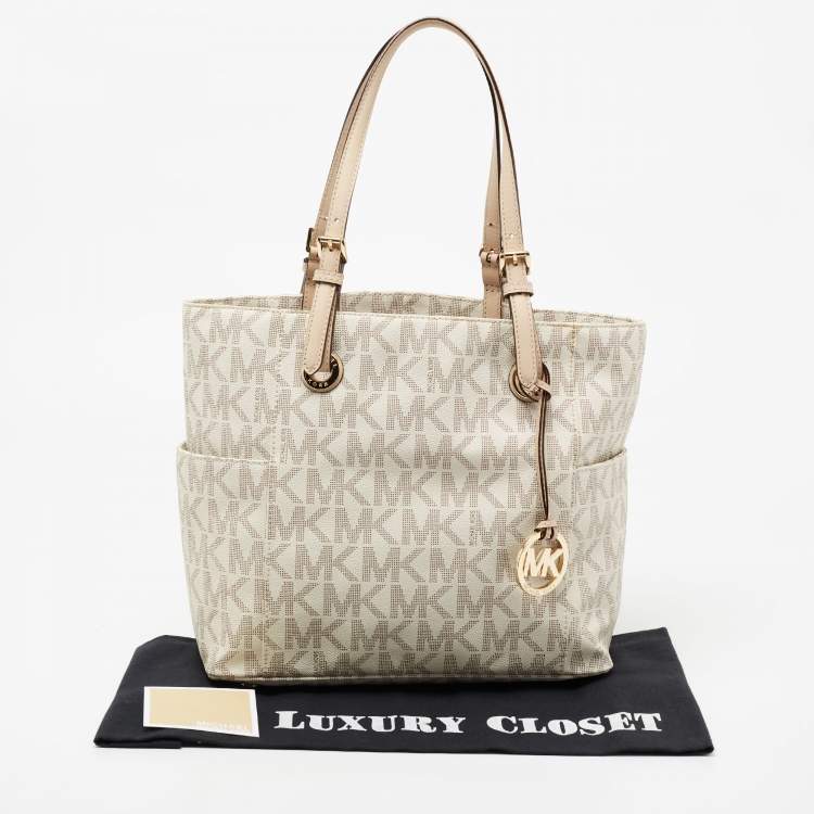 Pre Owned MICHAEL Michael Kors White Signature Coated Canvas and Leather Jet Set East West Tote