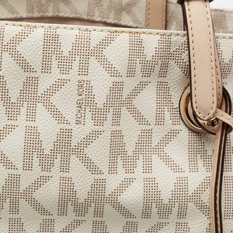 Pre Owned MICHAEL Michael Kors White Signature Coated Canvas and Leather Jet Set East West Tote