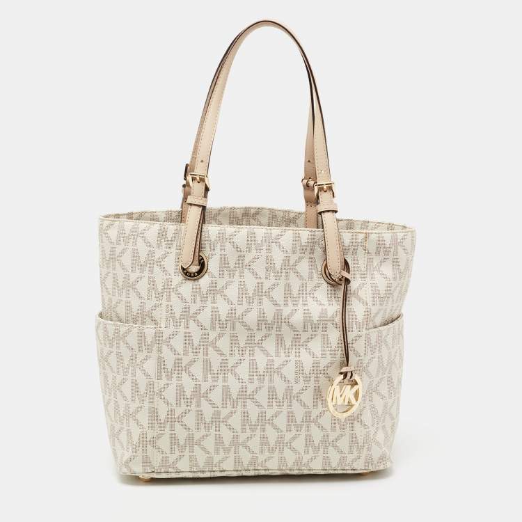 Pre Owned MICHAEL Michael Kors White Signature Coated Canvas and Leather Jet Set East West Tote