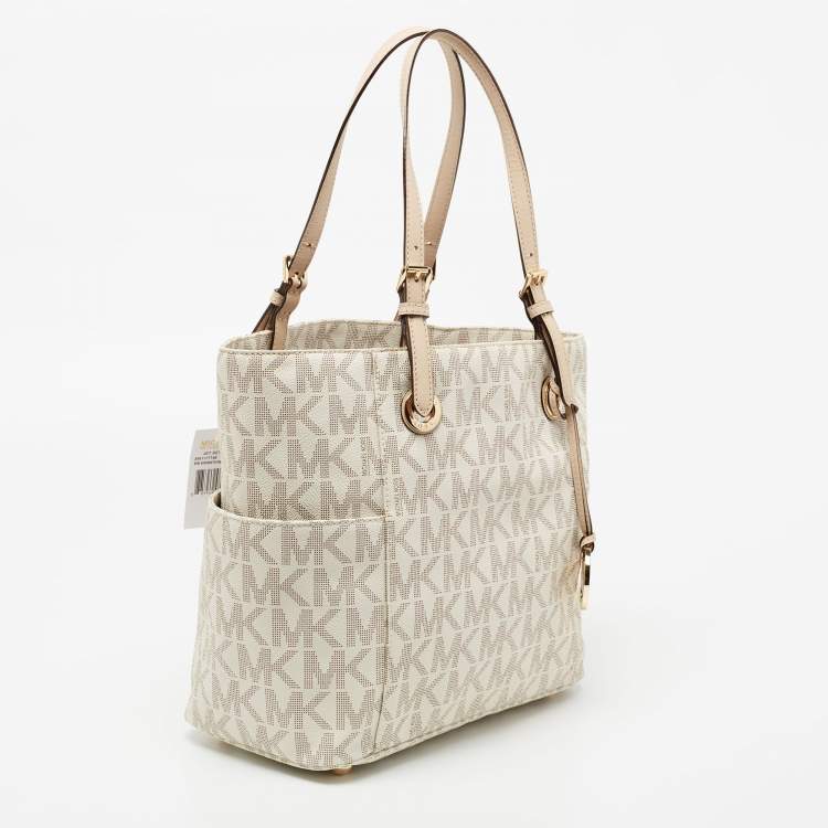 Pre Owned MICHAEL Michael Kors White Signature Coated Canvas and Leather Jet Set East West Tote