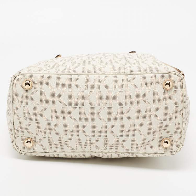 Pre Owned MICHAEL Michael Kors White Signature Coated Canvas and Leather Jet Set East West Tote