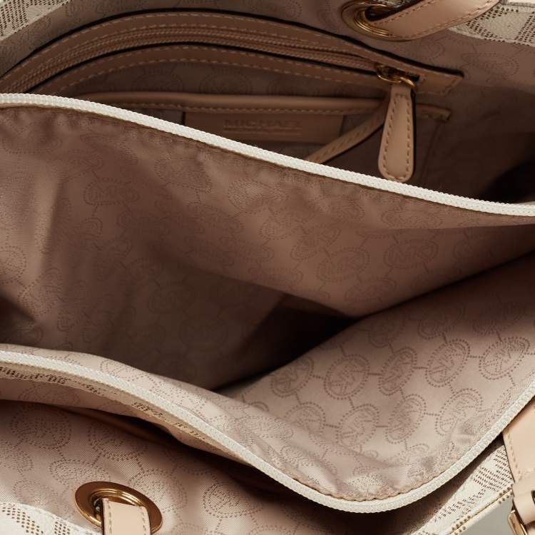 Pre Owned MICHAEL Michael Kors White Signature Coated Canvas and Leather Jet Set East West Tote