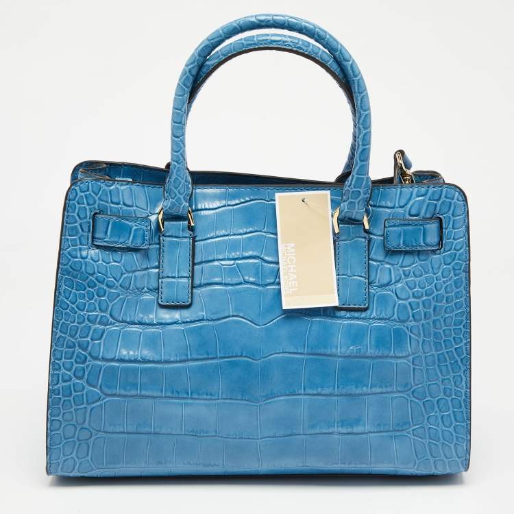 Pre Owned MICHAEL Michael Kors Sky Blue Croc Embossed Leather Dillon Tote