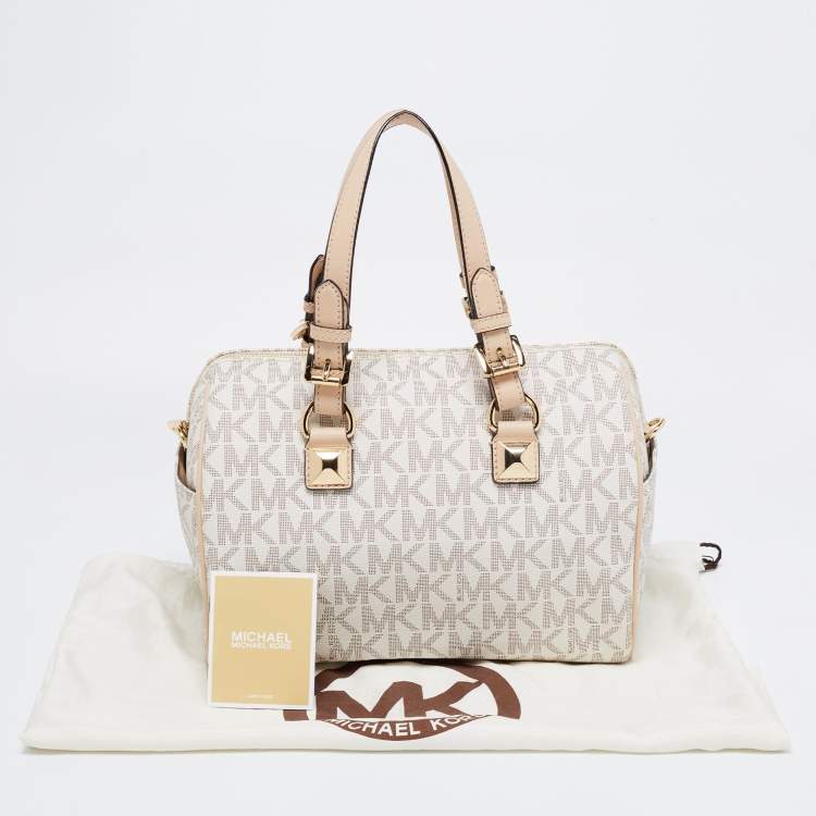 Pre Owned MICHAEL Michael Kors White/Beige Coated Canvas And Leather Grayson Satchel