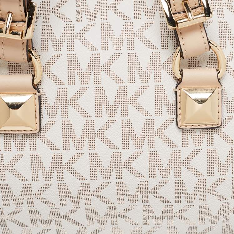 Pre Owned MICHAEL Michael Kors White/Beige Coated Canvas And Leather Grayson Satchel