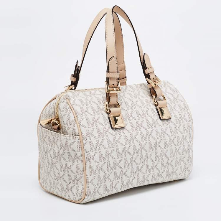 Pre Owned MICHAEL Michael Kors White/Beige Coated Canvas And Leather Grayson Satchel