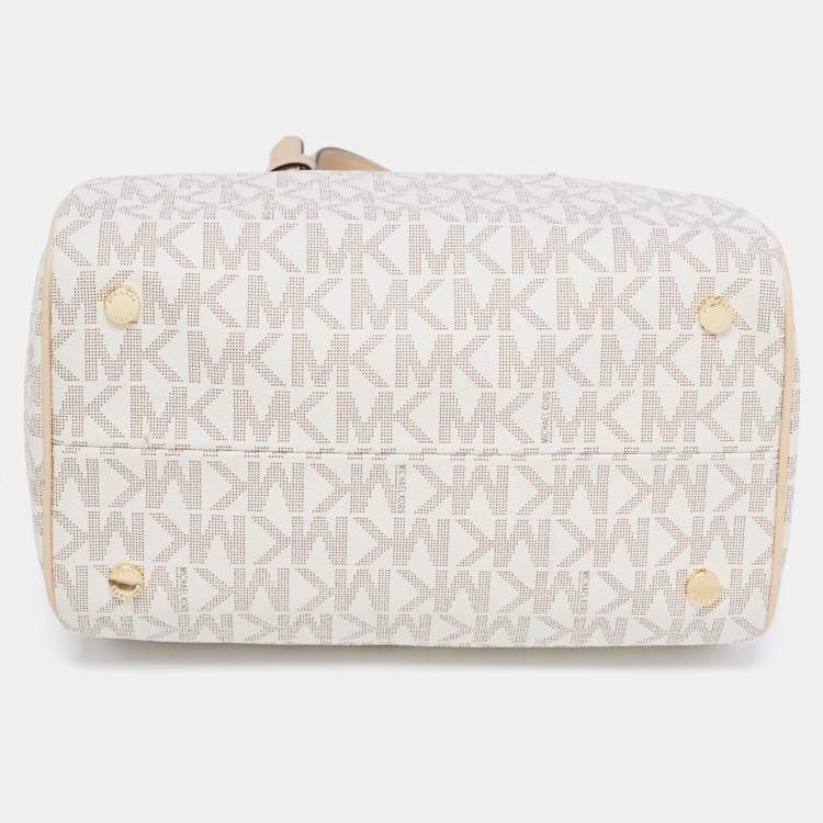 Pre Owned MICHAEL Michael Kors White/Beige Coated Canvas And Leather Grayson Satchel