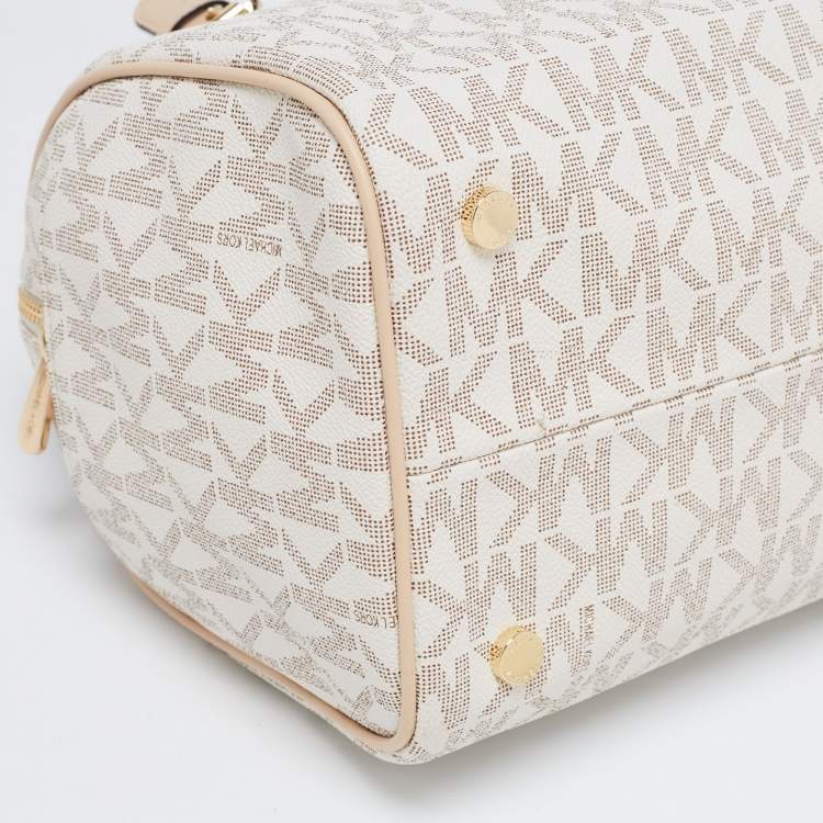 Pre Owned MICHAEL Michael Kors White/Beige Coated Canvas And Leather Grayson Satchel