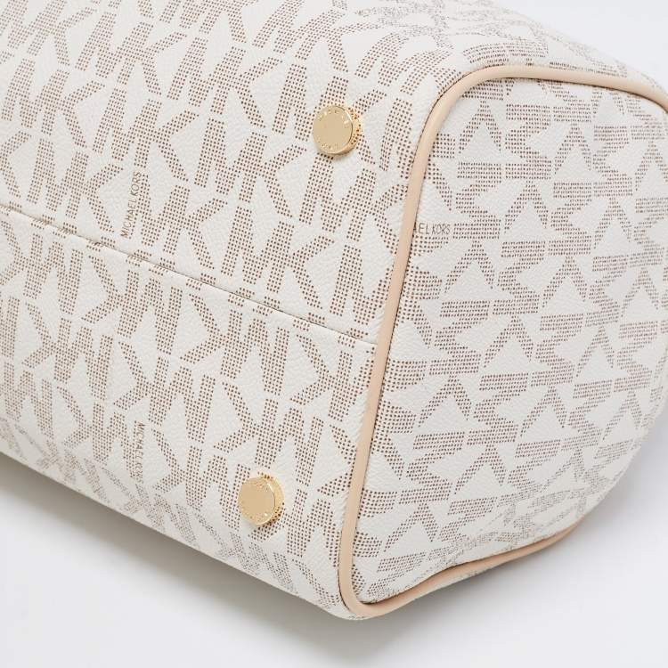 Pre Owned MICHAEL Michael Kors White/Beige Coated Canvas And Leather Grayson Satchel