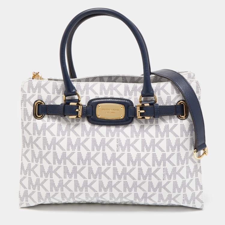 Michael Kors White/Blue Signature Coated Canvas and Leather Tote