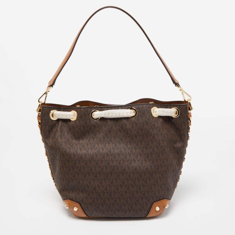 Pre Owned Michael Kors Brown Signature Coated Canvas Medium Alanis Bucket Bag