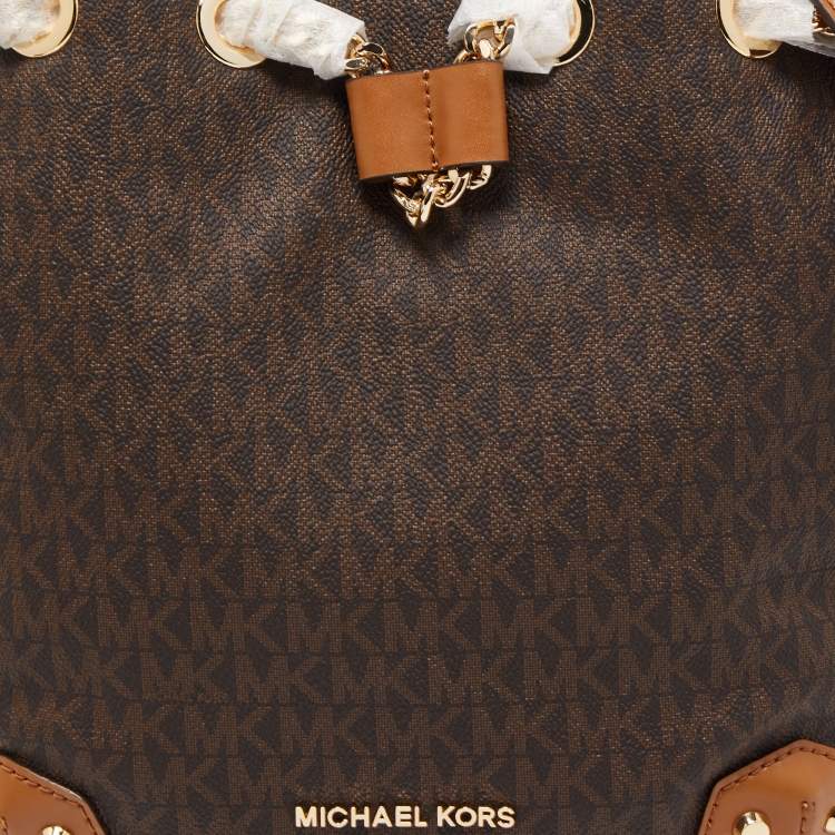 Pre Owned Michael Kors Brown Signature Coated Canvas Medium Alanis Bucket Bag