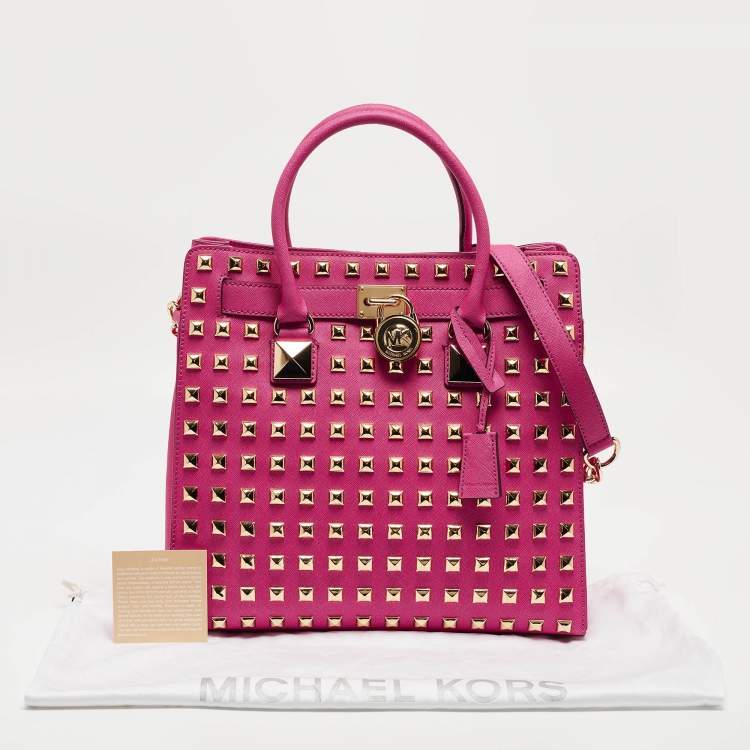 Pre Owned MICHAEL Michael Kors Pink Leather Studded Large North South Hamilton Tote