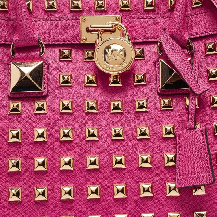 Pre Owned MICHAEL Michael Kors Pink Leather Studded Large North South Hamilton Tote