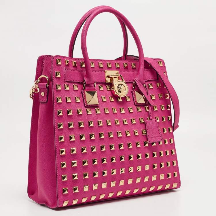 Pre Owned MICHAEL Michael Kors Pink Leather Studded Large North South Hamilton Tote