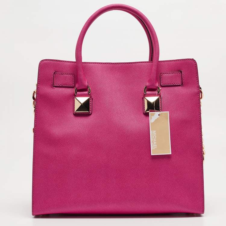 Pre Owned MICHAEL Michael Kors Pink Leather Studded Large North South Hamilton Tote