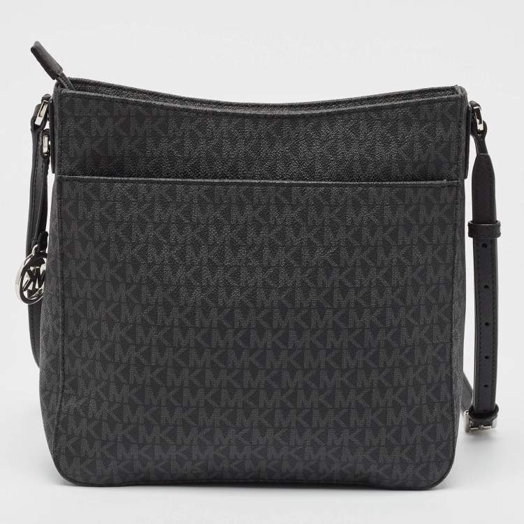 Pre Owned Michael Kors Black Signature Coated Canvas and Leather Large Jet Set Travel Messenger Bag