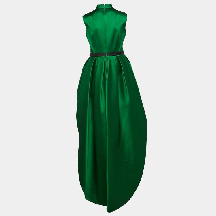 Pre Owned Paule Ka Green/Black Silk Asymmetric V-Neck Gown S