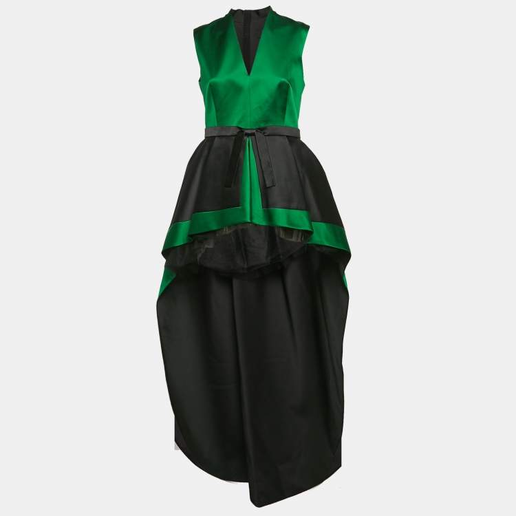Pre Owned Paule Ka Green/Black Silk Asymmetric V-Neck Gown S