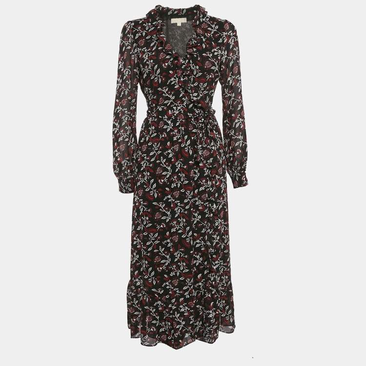 Pre Owned MICHAEL Michael Kors Black Floral Print Crepe Wrap Dress S