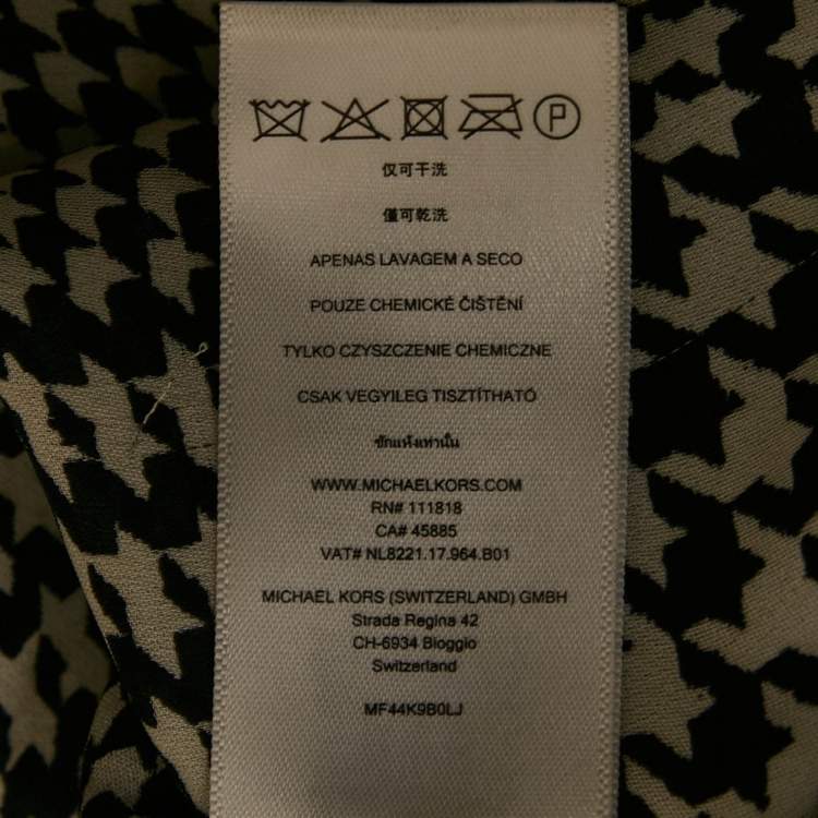 Pre Owned MICHAEL Michael Kors Black  Houndstooth Printed Silk Zip Front Top XS