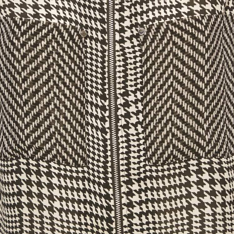 Pre Owned MICHAEL Michael Kors Black  Houndstooth Printed Silk Zip Front Top XS