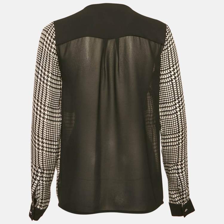 Pre Owned MICHAEL Michael Kors Black  Houndstooth Printed Silk Zip Front Top XS