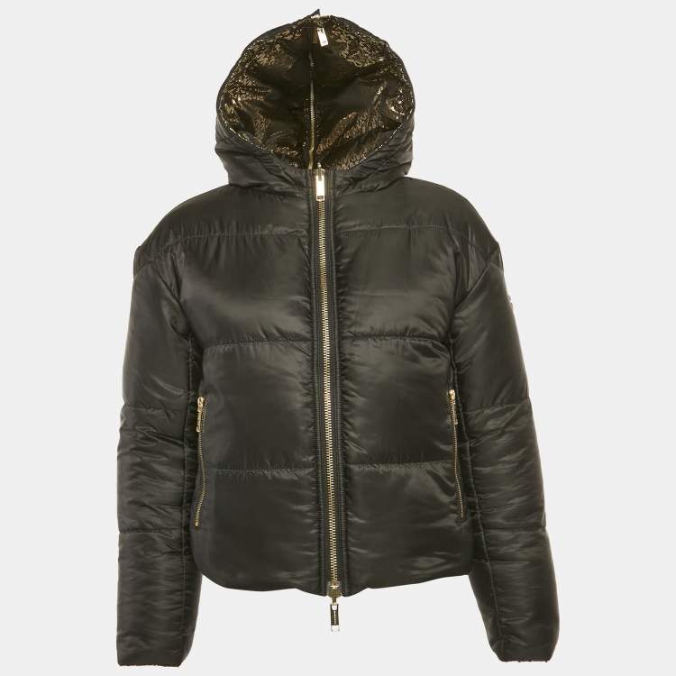 Pre Owned MICHAEL Michael Kors Black/Gold Metallic Logo Ciré Reversible Puffer Jacket XS