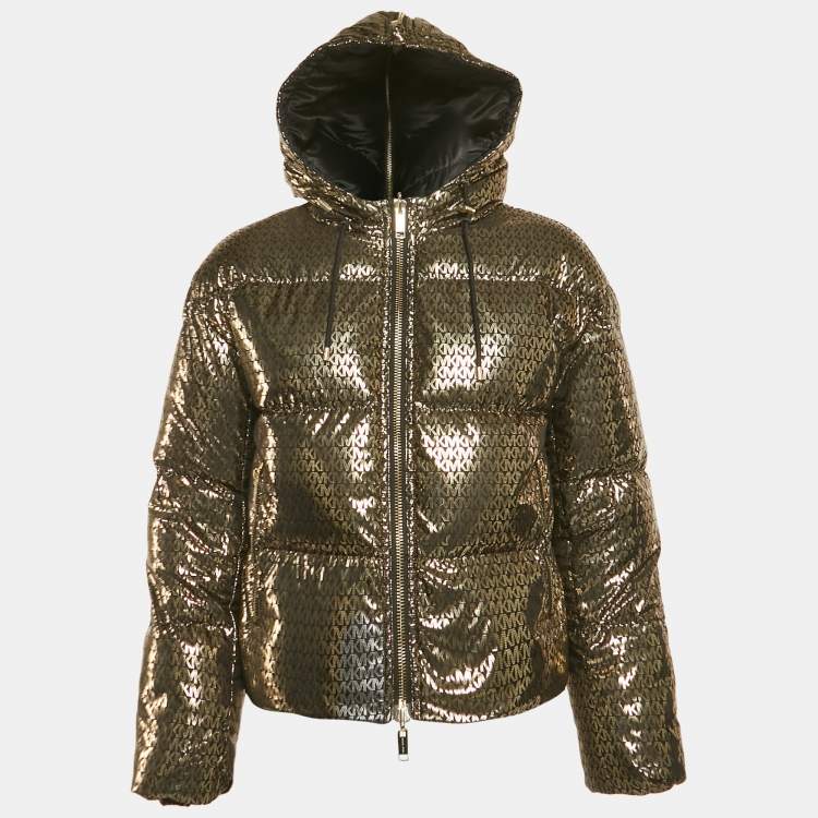 Pre Owned MICHAEL Michael Kors Black/Gold Metallic Logo Ciré Reversible Puffer Jacket XS