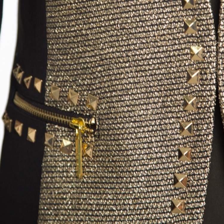 Pre Owned Michael Michael Kors Gold Contrast Paneled Embellished Front Open Blazer M