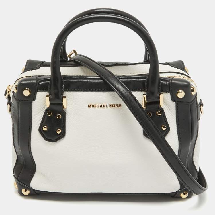 Pre Owned MICHAEL Michael Kors White/Black Leather Small Taryn Satchel