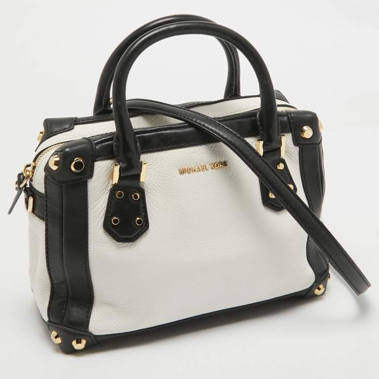 Pre Owned MICHAEL Michael Kors White/Black Leather Small Taryn Satchel
