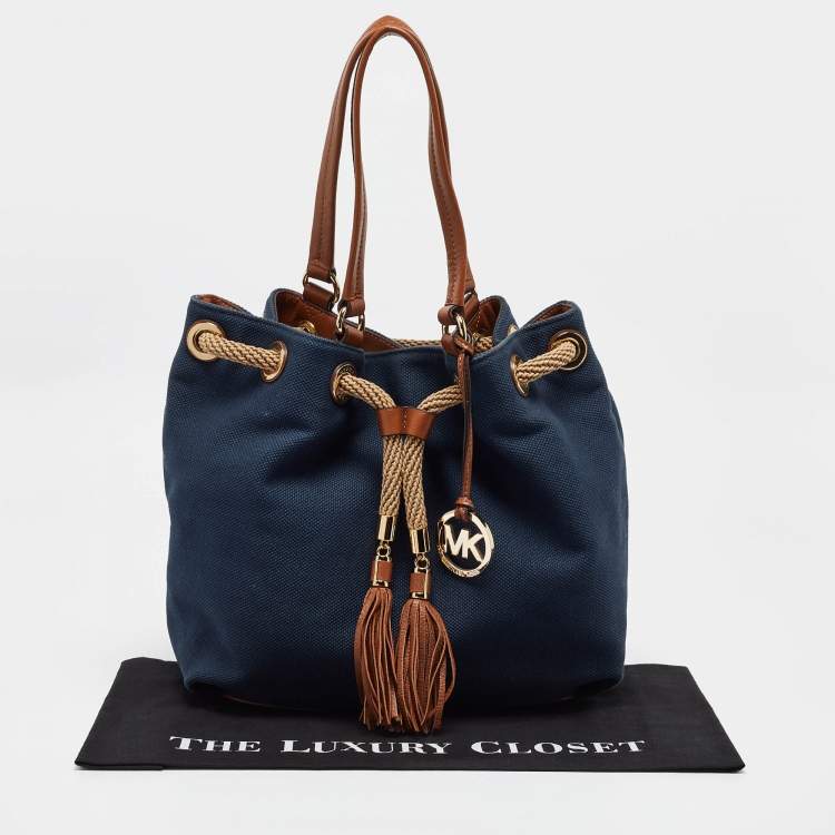 Pre Owned MICHAEL Michael Kors Navy Blue/Brown Canvas Marina Drawstring Tote