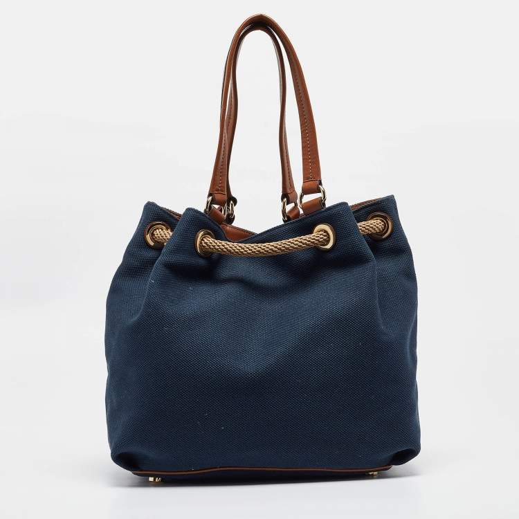 Pre Owned MICHAEL Michael Kors Navy Blue/Brown Canvas Marina Drawstring Tote