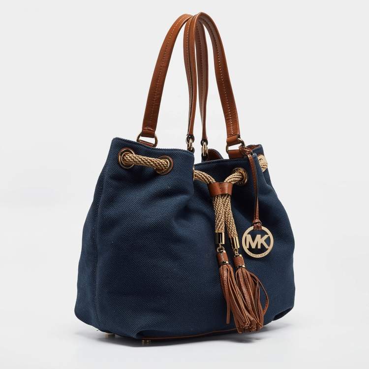 Pre Owned MICHAEL Michael Kors Navy Blue/Brown Canvas Marina Drawstring Tote