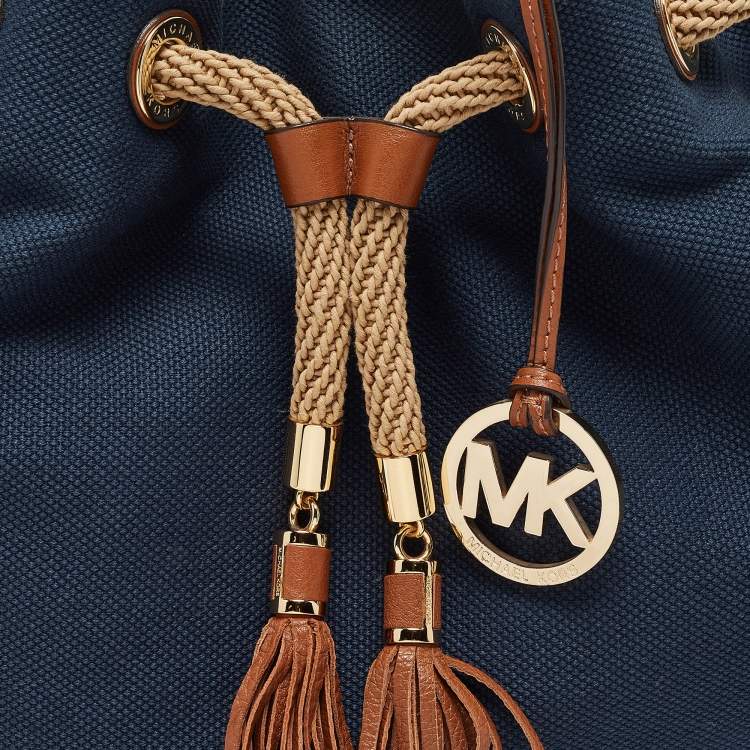 Pre Owned MICHAEL Michael Kors Navy Blue/Brown Canvas Marina Drawstring Tote