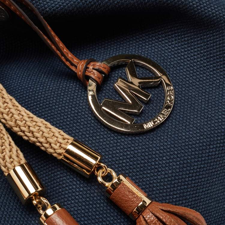 Pre Owned MICHAEL Michael Kors Navy Blue/Brown Canvas Marina Drawstring Tote