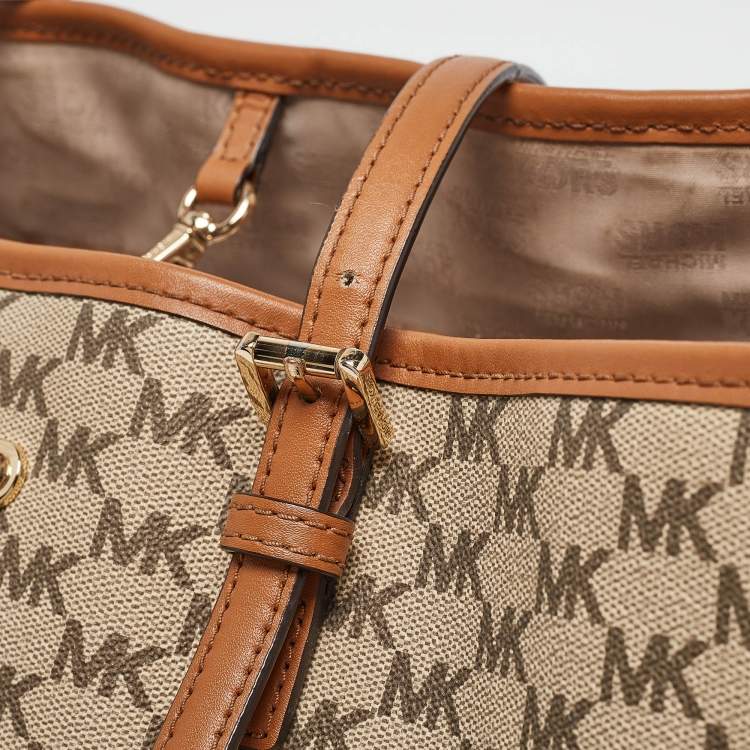 Pre Owned MICHAEL Michael Kors Brown/Beige Signature Coated Canvas and Leather Emery Tote