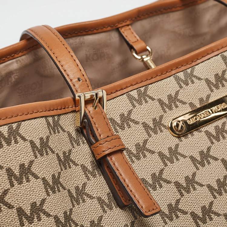 Pre Owned MICHAEL Michael Kors Brown/Beige Signature Coated Canvas and Leather Emery Tote