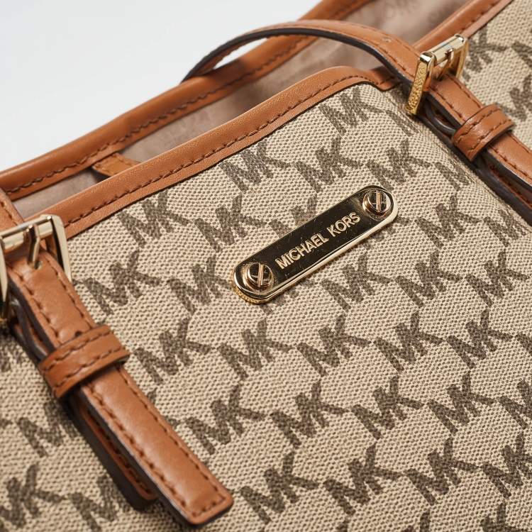 Pre Owned MICHAEL Michael Kors Brown/Beige Signature Coated Canvas and Leather Emery Tote