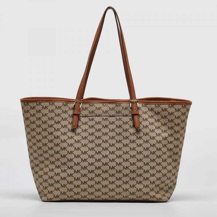 Pre Owned MICHAEL Michael Kors Brown/Beige Signature Coated Canvas and Leather Emery Tote