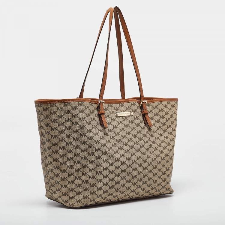 Pre Owned MICHAEL Michael Kors Brown/Beige Signature Coated Canvas and Leather Emery Tote