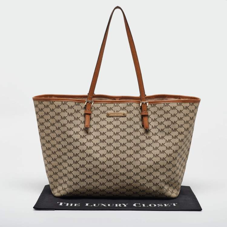 Pre Owned MICHAEL Michael Kors Brown/Beige Signature Coated Canvas and Leather Emery Tote